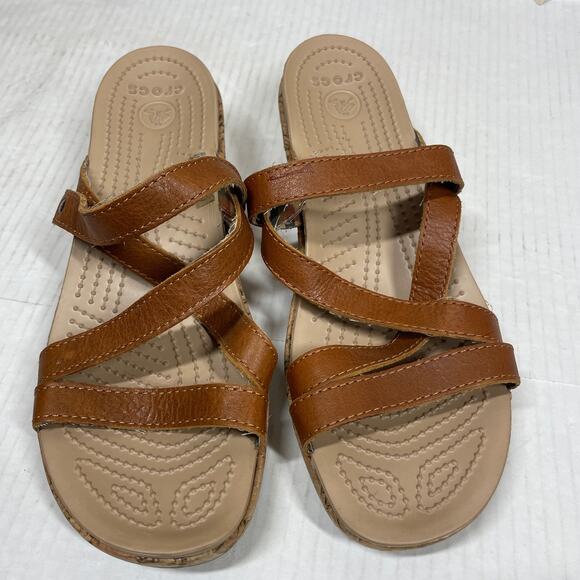 CROCS A LEIGH Womens Brown Strappy Slip On Sandals Cork Wedge‎ Size 9 - Picture 1 of 4